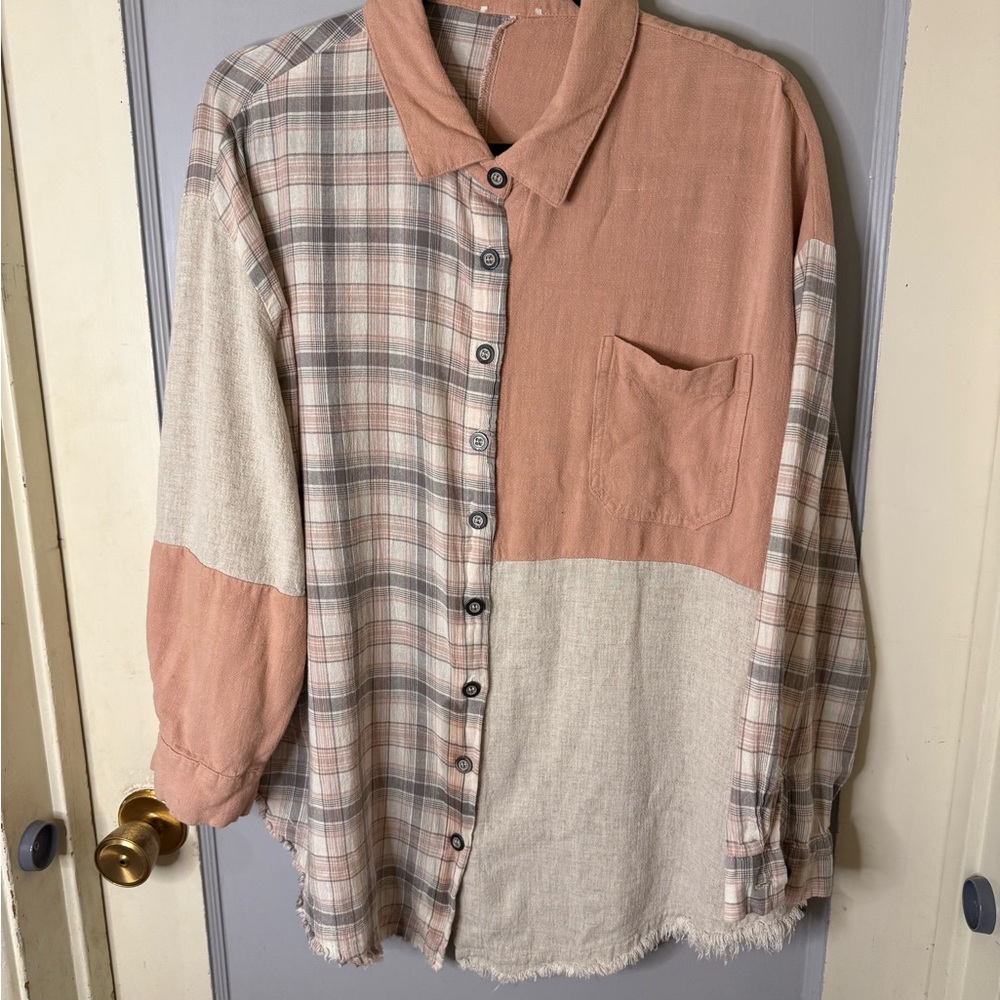 Colorblock Plaid Button-Up Shirt Linen-Cotton-viscose